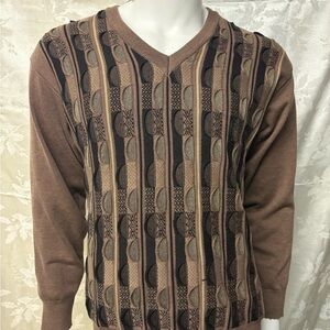 Brown V-Neck Sweater with Vertical Stripes and Geometric Patterns
